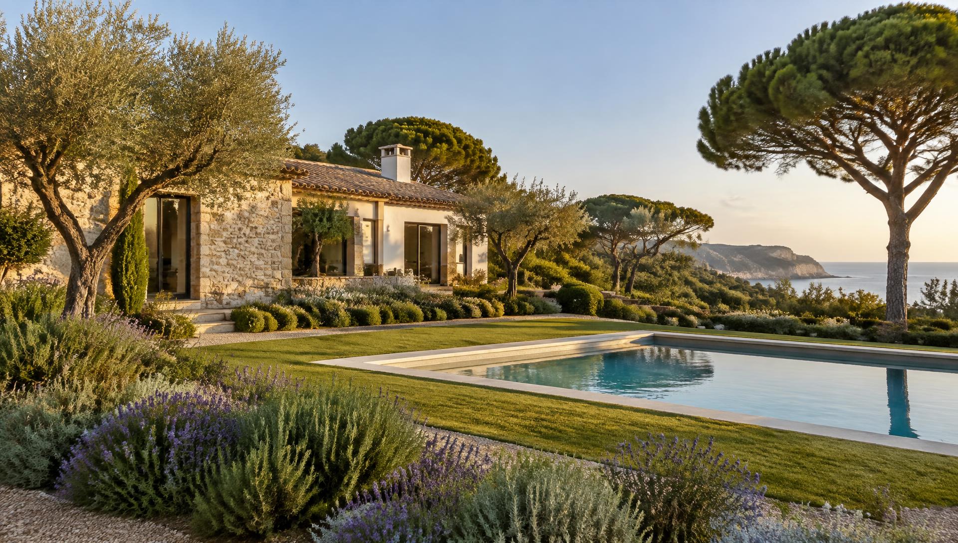 Jardín mediterráneo con piscina y casa de piedra en la Costa Brava